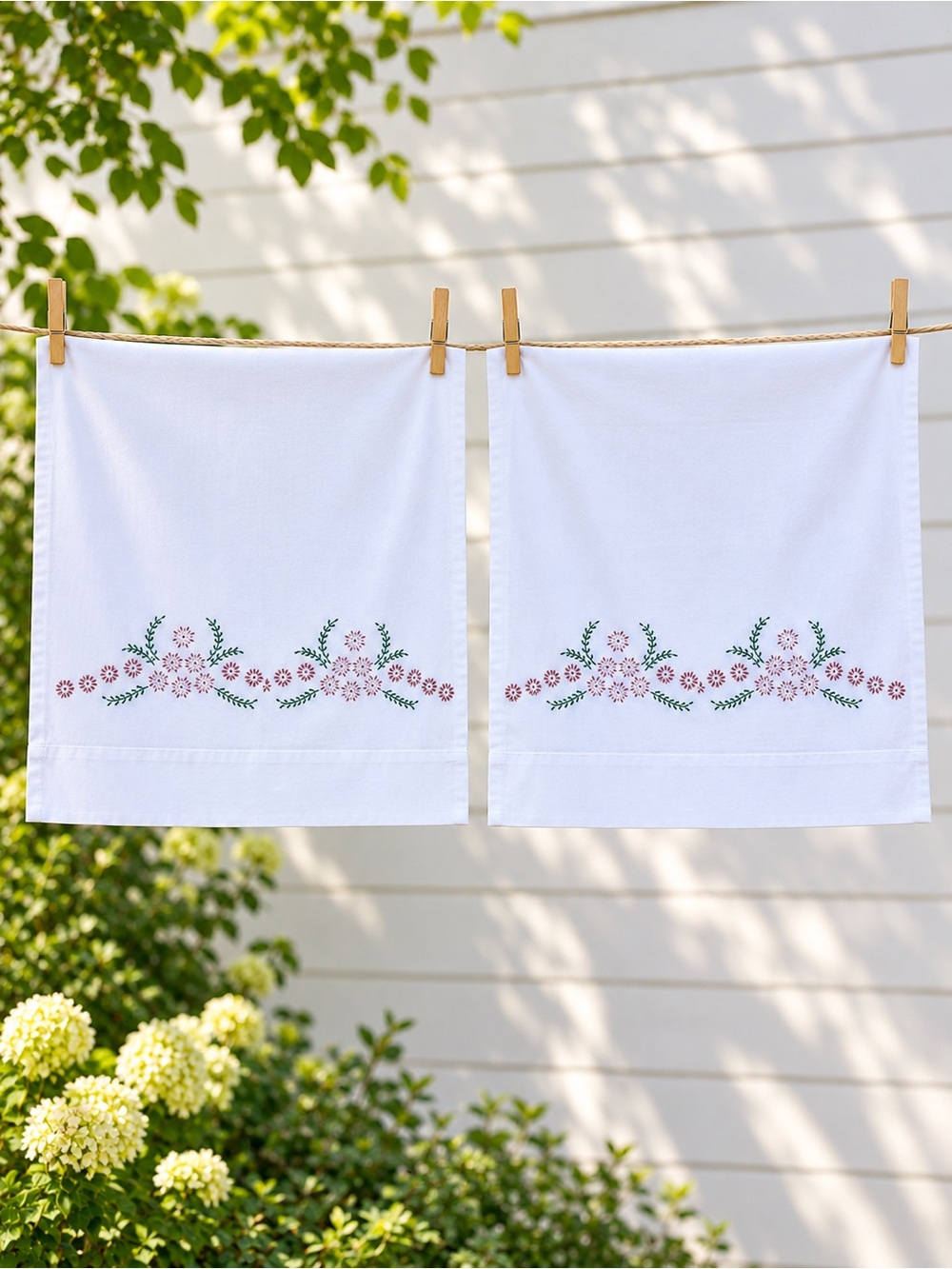 (2) Vintage King Pillowcases Floral Pink Green Crisp White Cotton 35” x 19.5”
